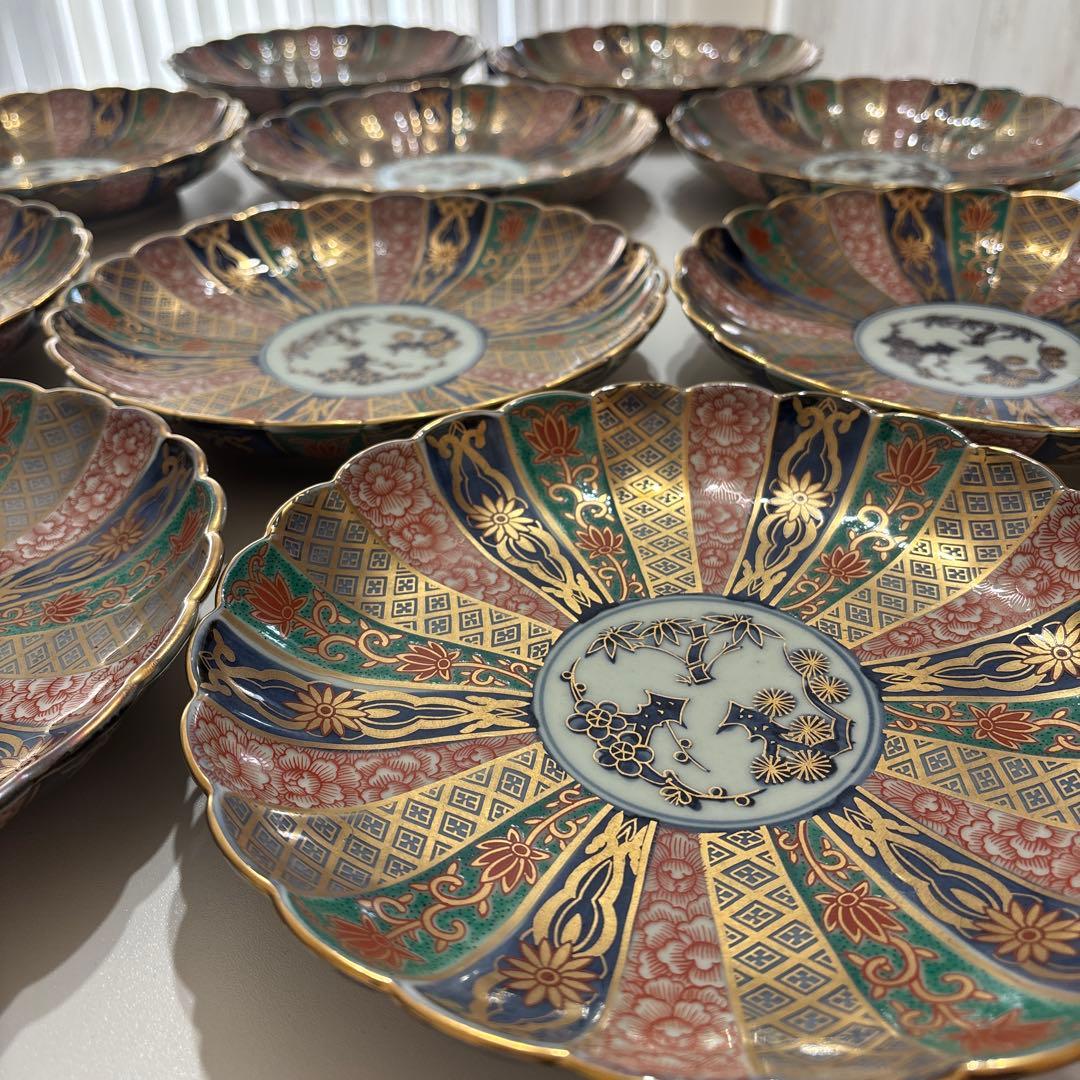 【美品】有田焼 林九郎作 色絵金彩 花形 大皿10枚セット
