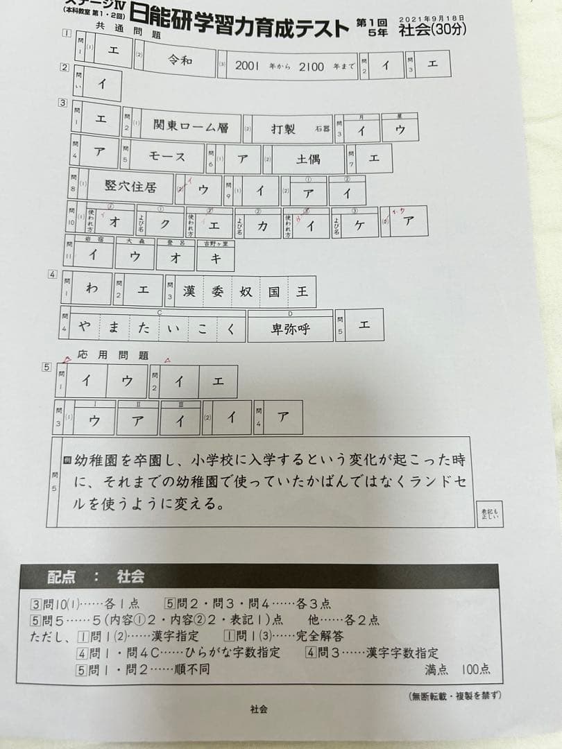 日能研育成テスト5年生　2021年前期後期1年分 2020年2022年も含む