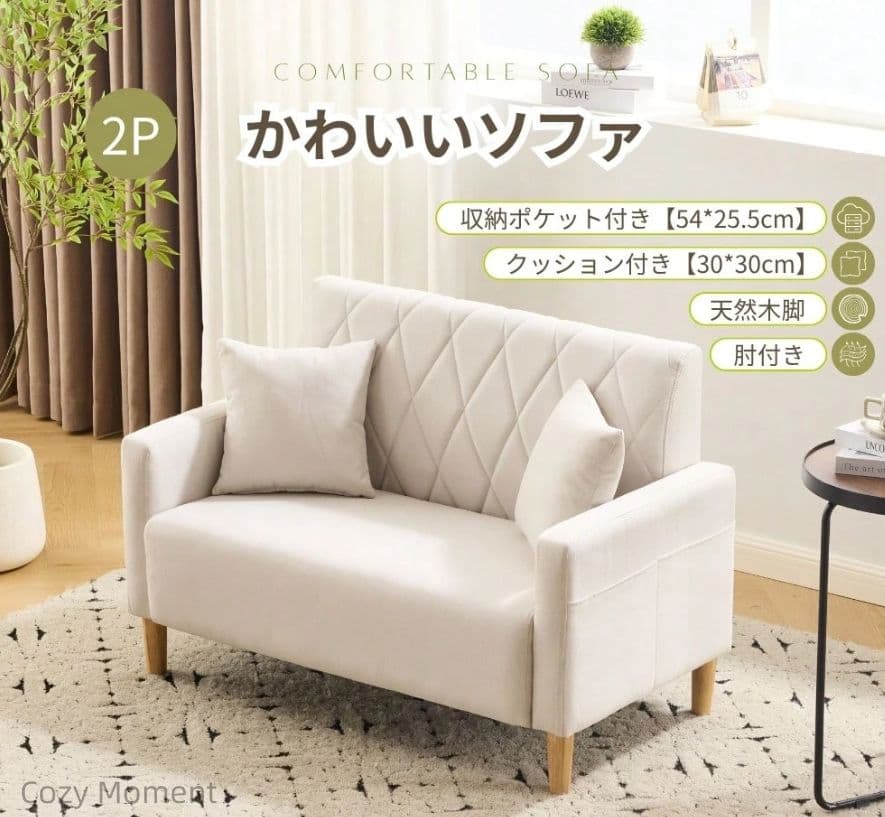 2 人掛けソファ 幅 103cmベルベット調北欧風肘付きロボット掃除機対応枕付き