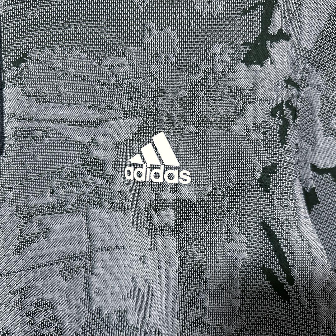 adidas アディダス 総柄 ハーフジップ シャツ ロゴ 長袖 グリーン系 M