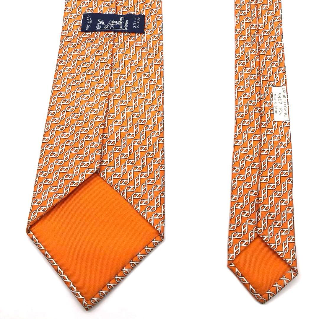 【美品】HERMES ネクタイ オレンジ ホワイト 総柄　シルク100%
