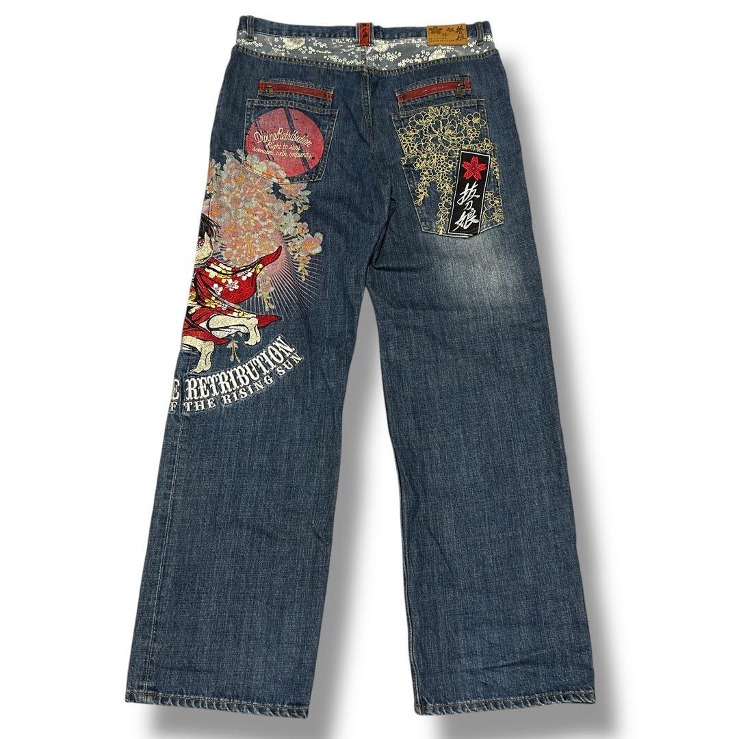 ☆人気☆【絡繰魂】抜刀娘 メンズ 和柄 刺繍デニムパンツ 38 y2k