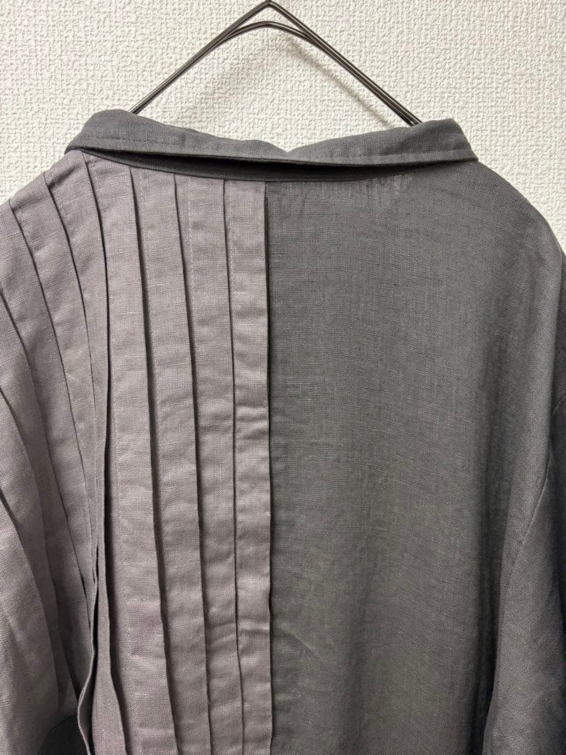 リネンアシンメトリーピンタックギャザーワンピースチャコール×アッシュグレー美品
