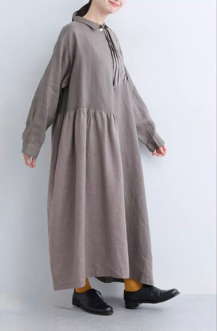 リネンアシンメトリーピンタックギャザーワンピースチャコール×アッシュグレー美品