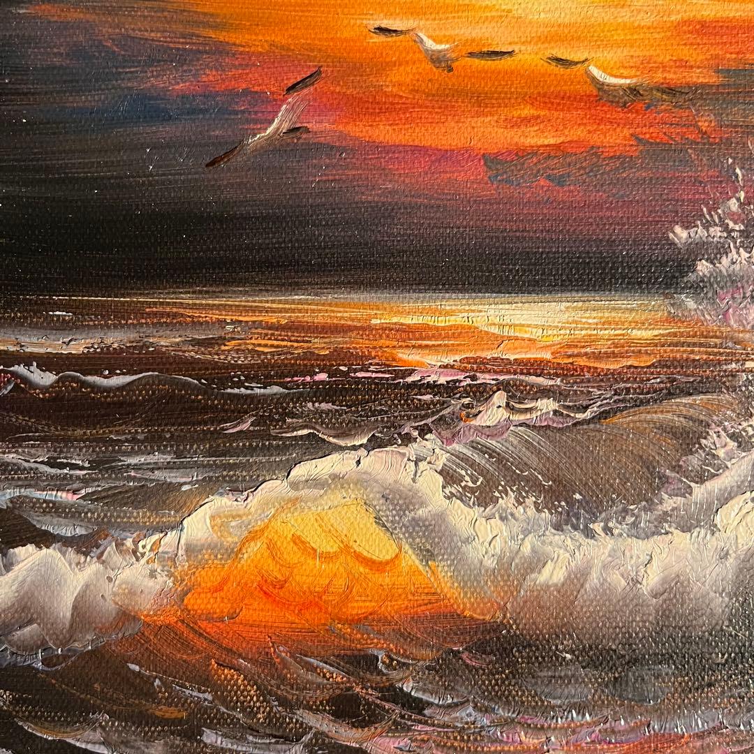 手書き油絵 荒海 額付き 絵画 インテリア 油彩画