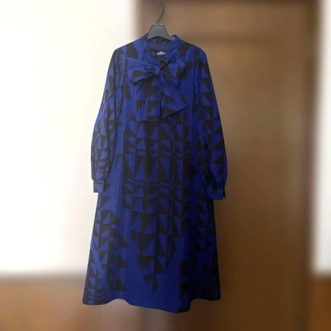 限界値下げ　美品　Mfil エムフィル ワンピース　青×黒の幾何学模様