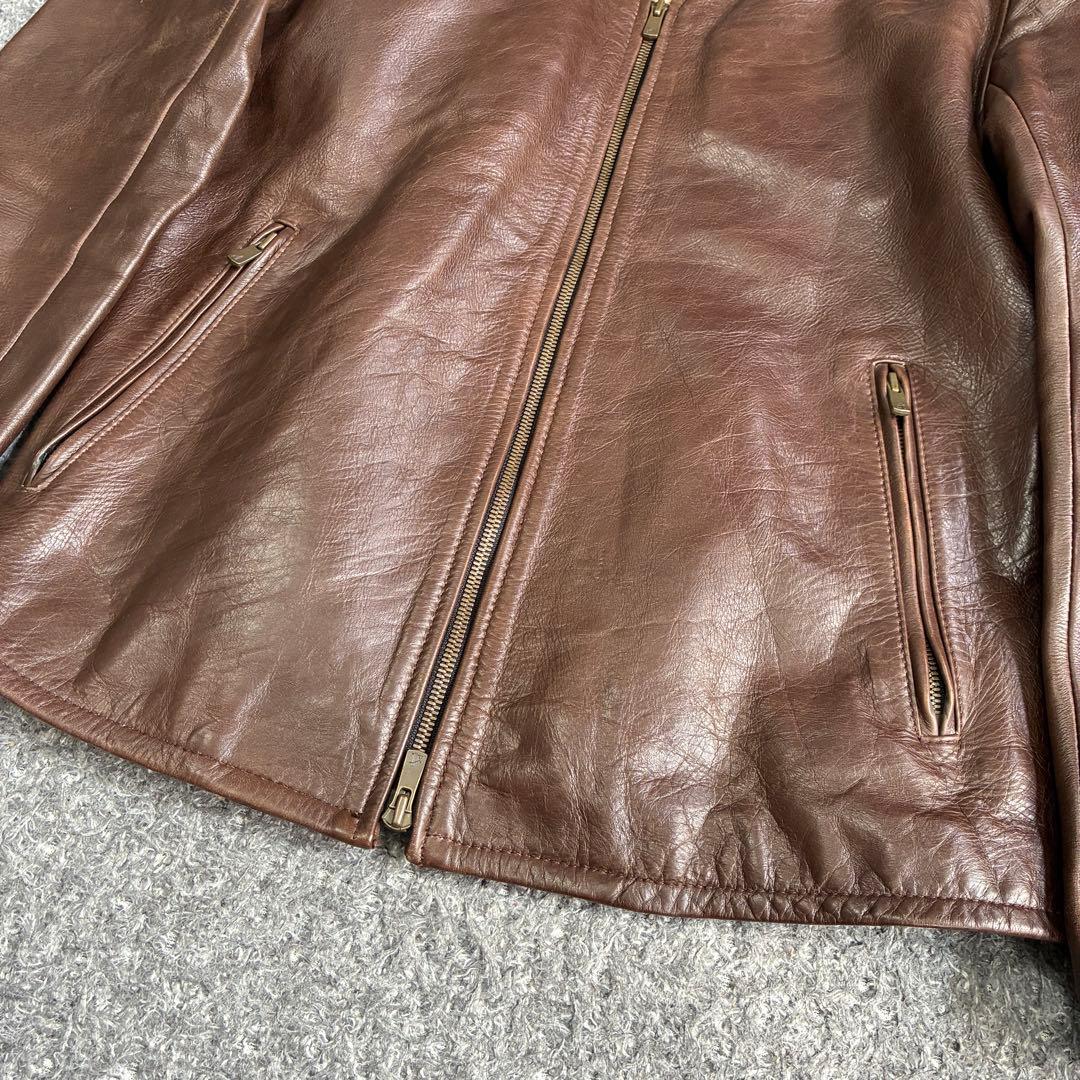 【美品】NO ID カウレザーVネックシングルライダースJKT 茶 3 牛革