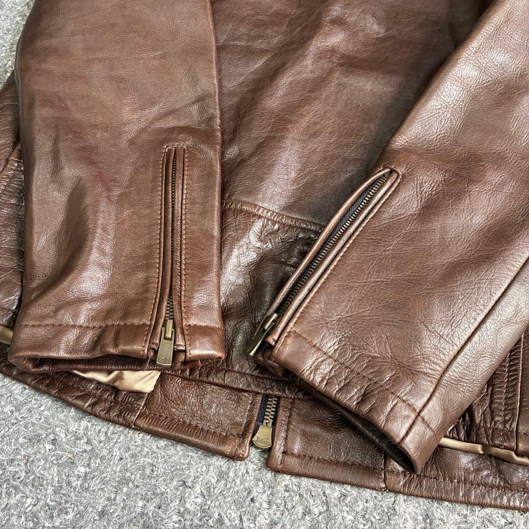 【美品】NO ID カウレザーVネックシングルライダースJKT 茶 3 牛革