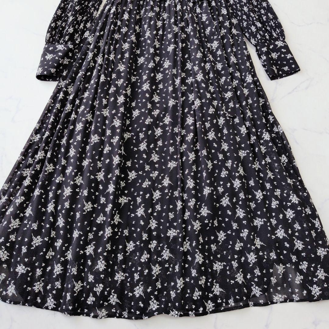美品✨️ミラオーウェン ロングワンピース 花柄プリント 黒 プリーツ ベルト付き
