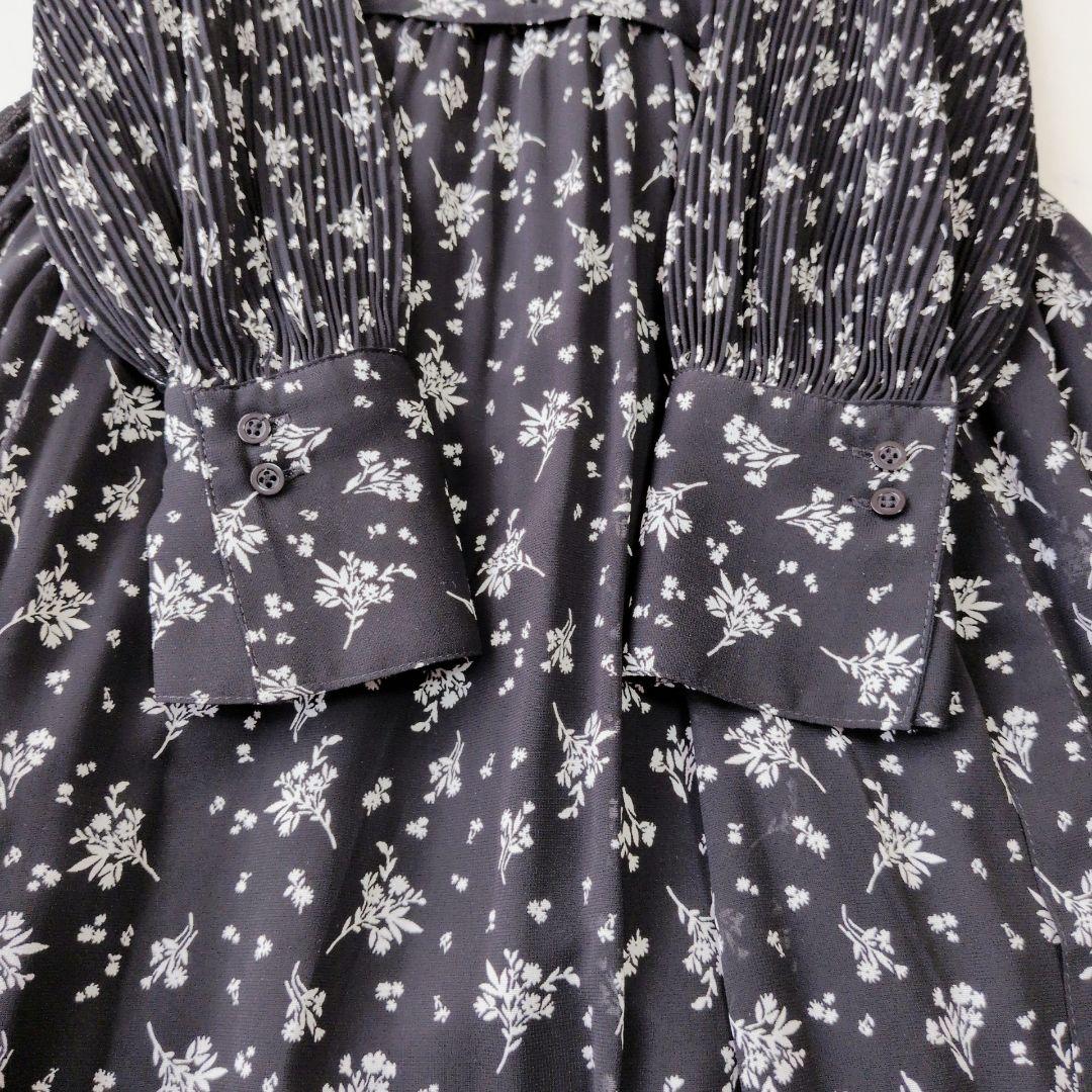 美品✨️ミラオーウェン ロングワンピース 花柄プリント 黒 プリーツ ベルト付き