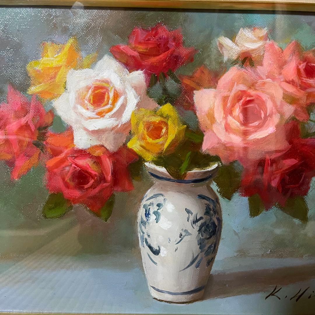 【美品】「薔薇」油絵 F4号　日野皖 バラの花束 油彩画 F4サイズ