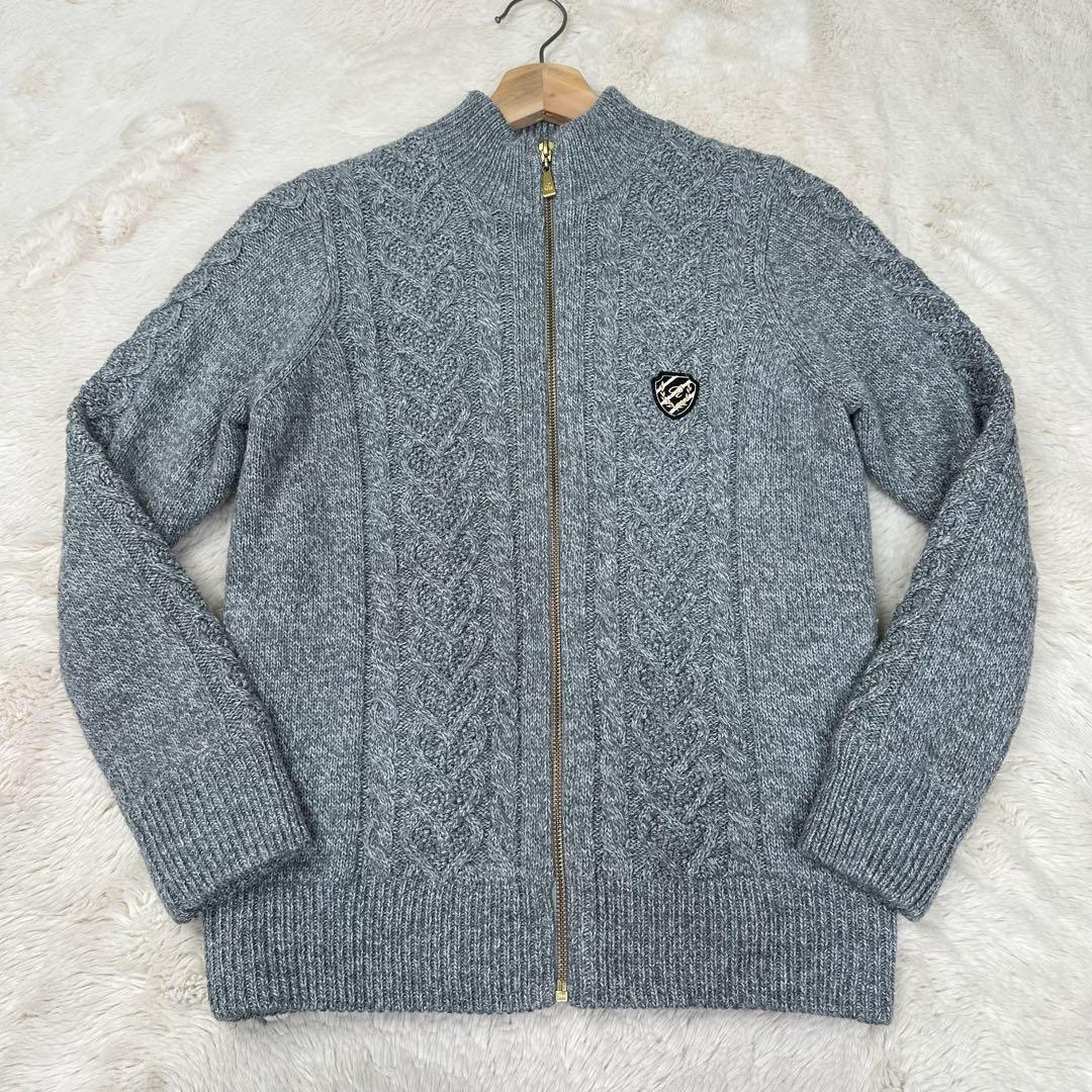 ✨美品✨ジュンアンドロペ 防風裏地付 ケーブルニット ジップブルゾン グレー M
