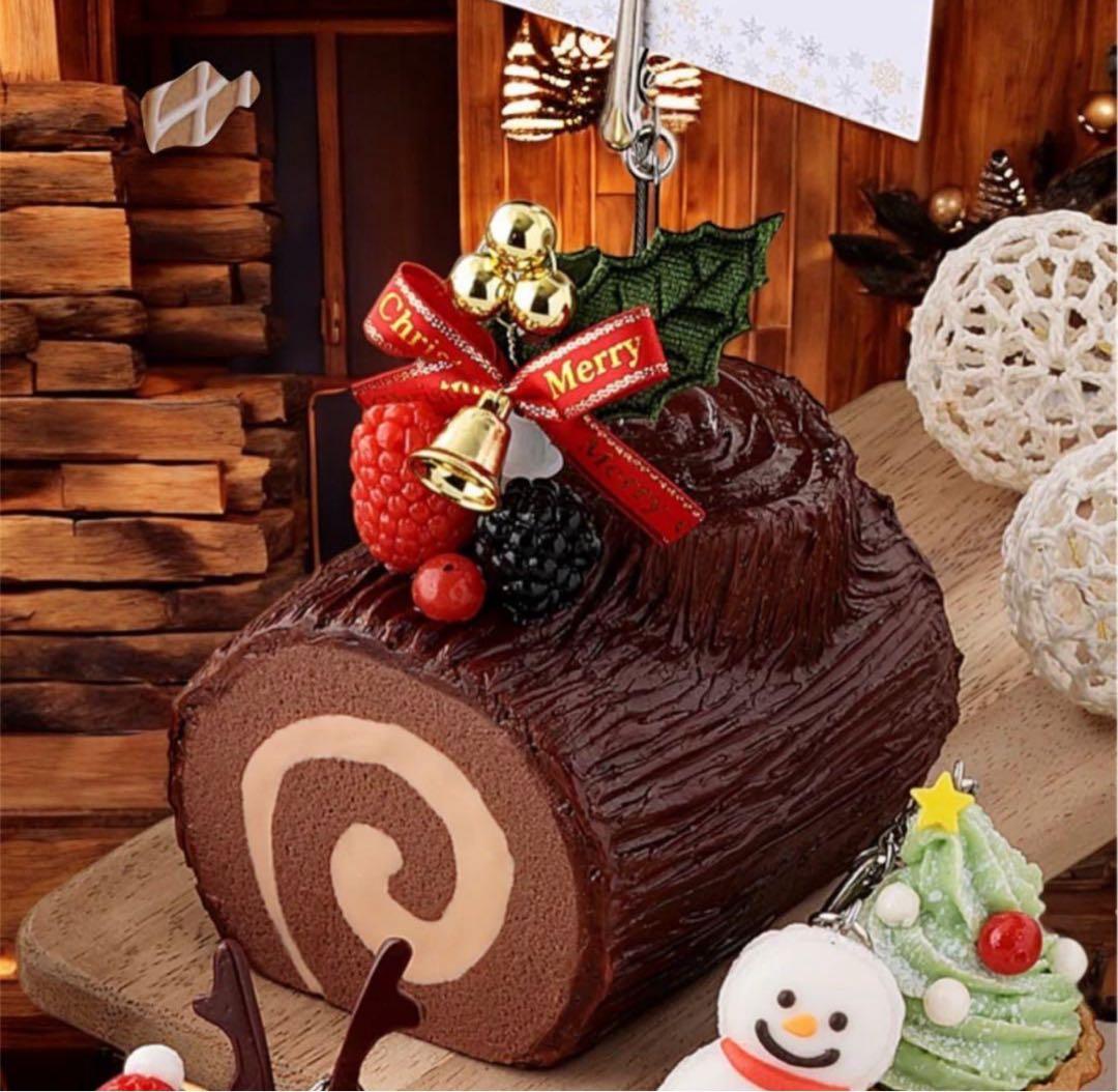 食品サンプルXmasチョコロールケーキ＆シカさんシュークリームキーホルダー♡新品
