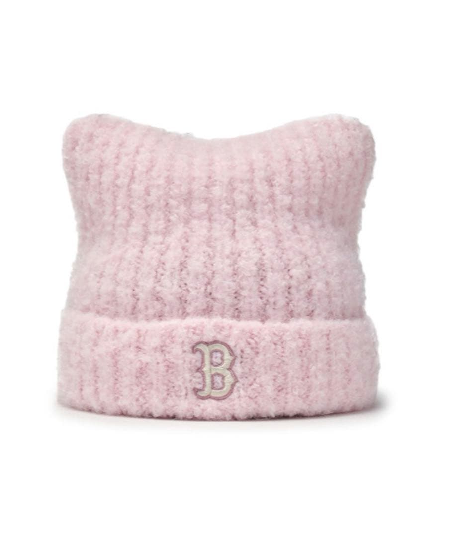 韓国　MLB　カリナ着用デザイン 猫耳ニット帽　ピンク