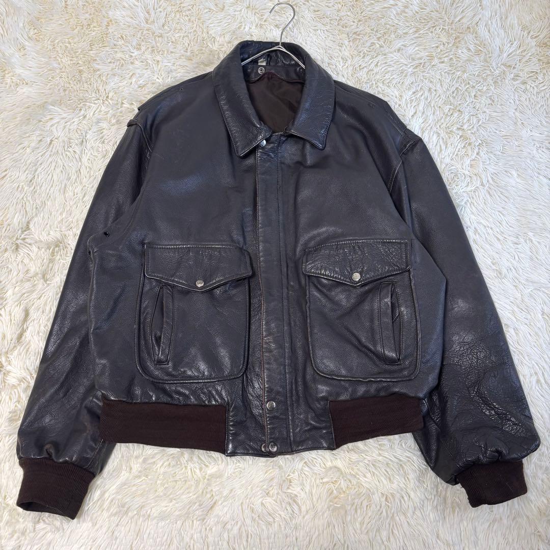 90's ✨レザージャケット　G-1 本革　ジップアップ　ダークブラウン　大きい