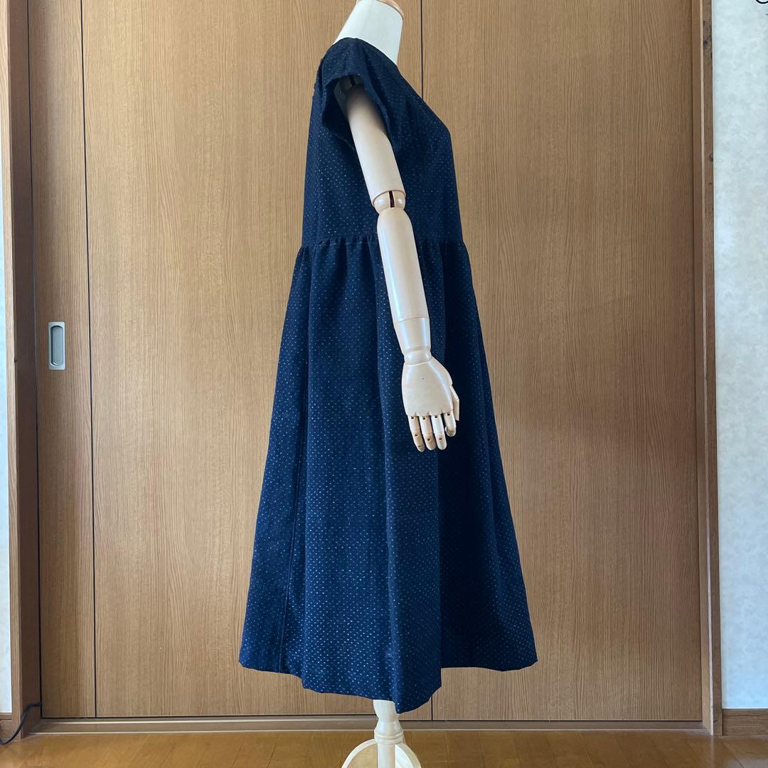古布藍染蚊絣フレンチ袖ロングワンピース