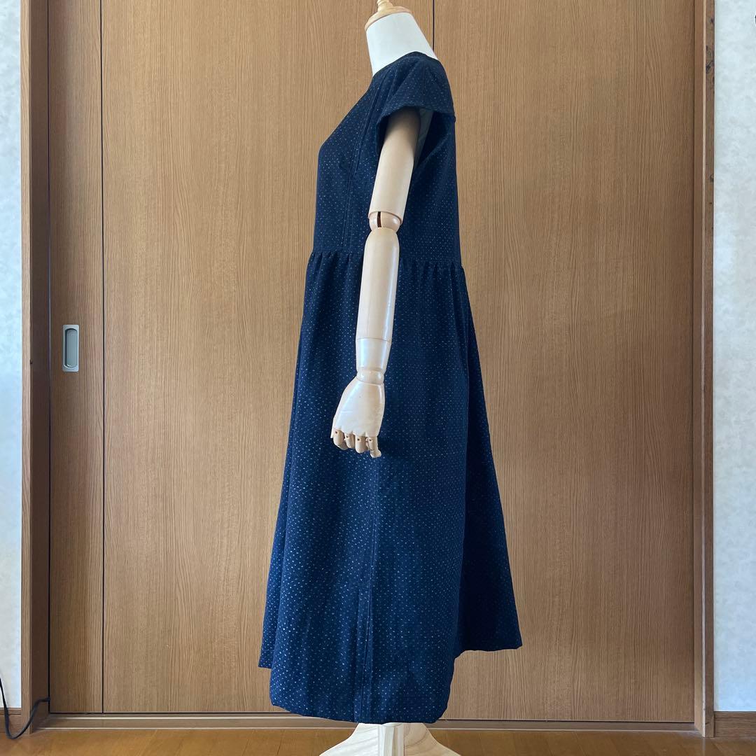 古布藍染蚊絣フレンチ袖ロングワンピース