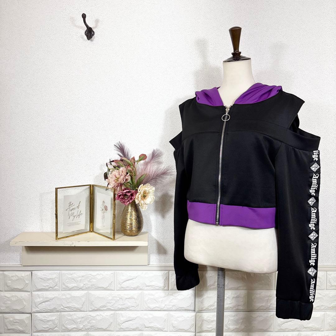 Amilige★　パーカー　バイカラーZIPショートパーカー　オフショル　病み系
