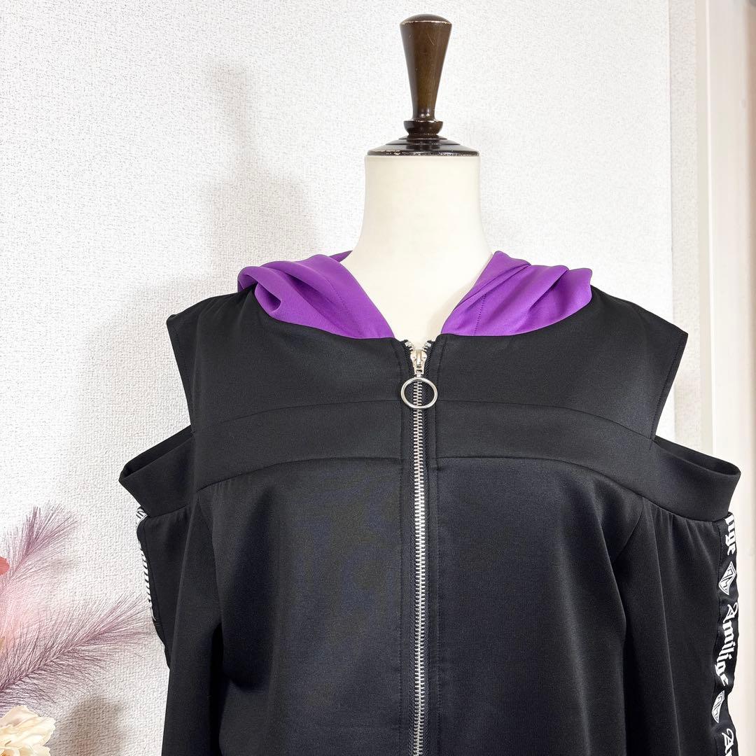 Amilige★　パーカー　バイカラーZIPショートパーカー　オフショル　病み系