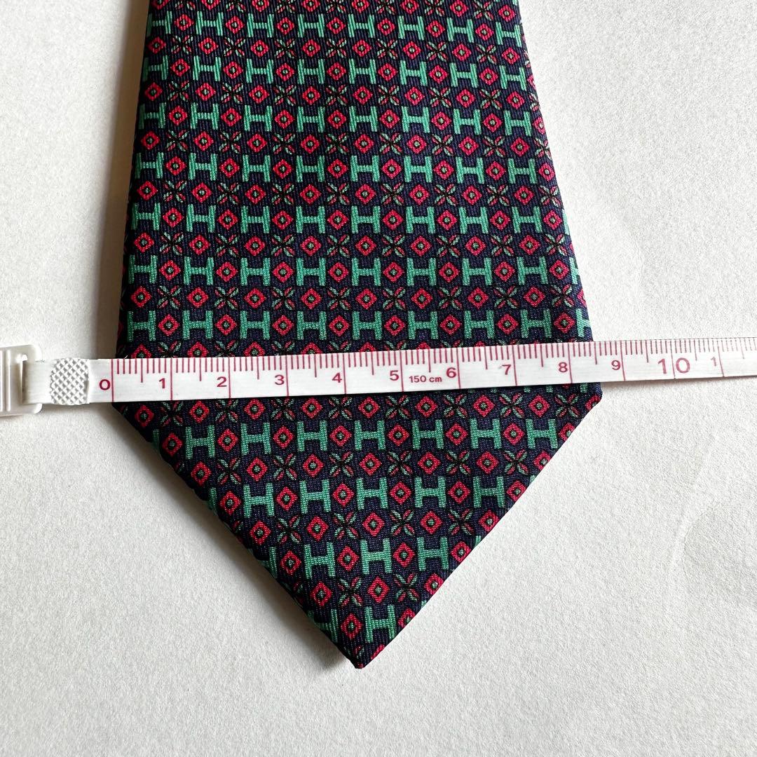 美品　HERMESエルメス　ネイビー　緑　赤　ブランドロゴHロゴ ネクタイ