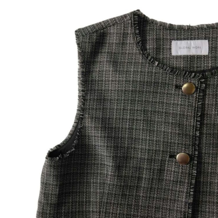 新品　GLOBAL WORK　ツイードペプラムジレ　L　ウォッシャブル　黒