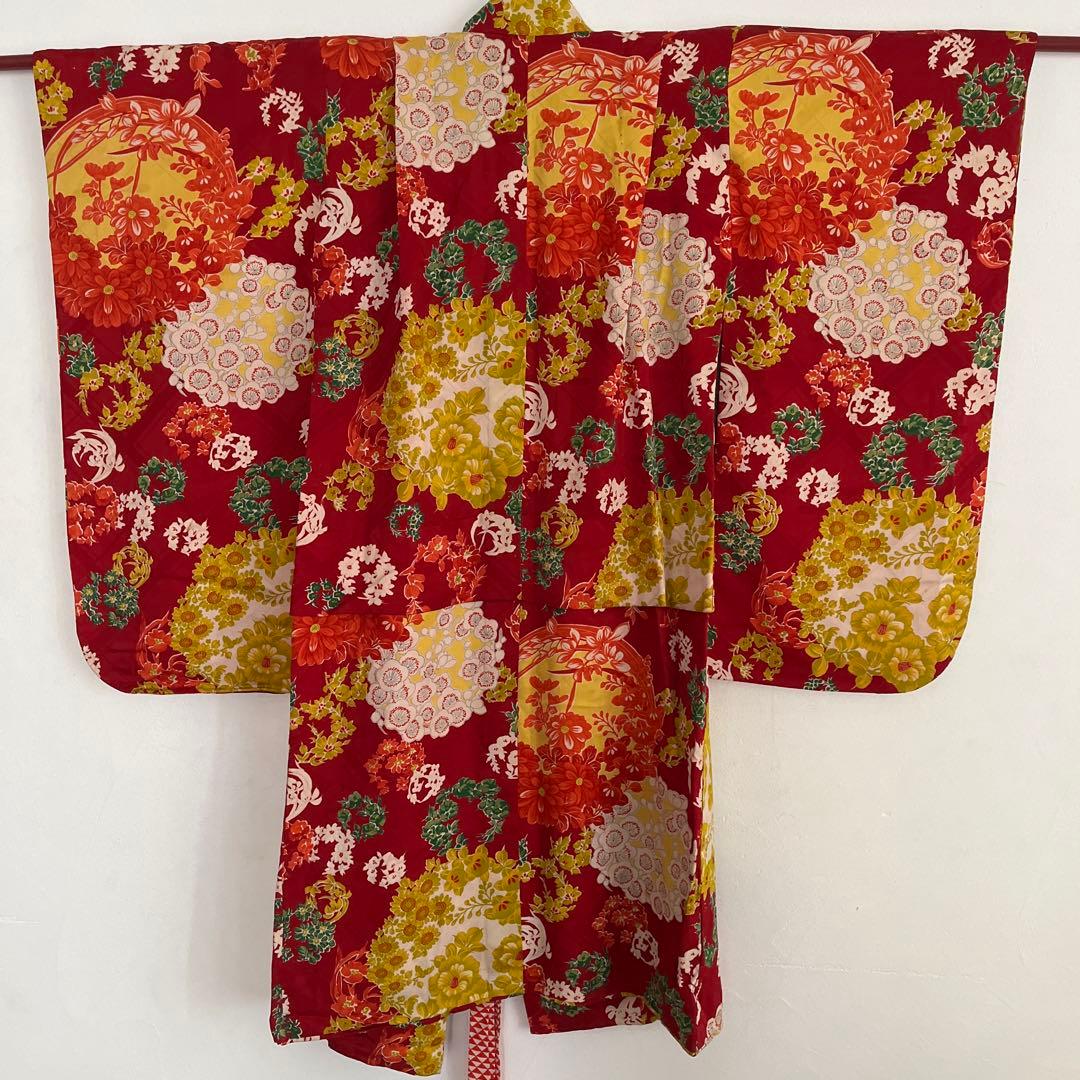 七五三 女の子 着物 正絹 レトロモダン 菊尽くし 赤