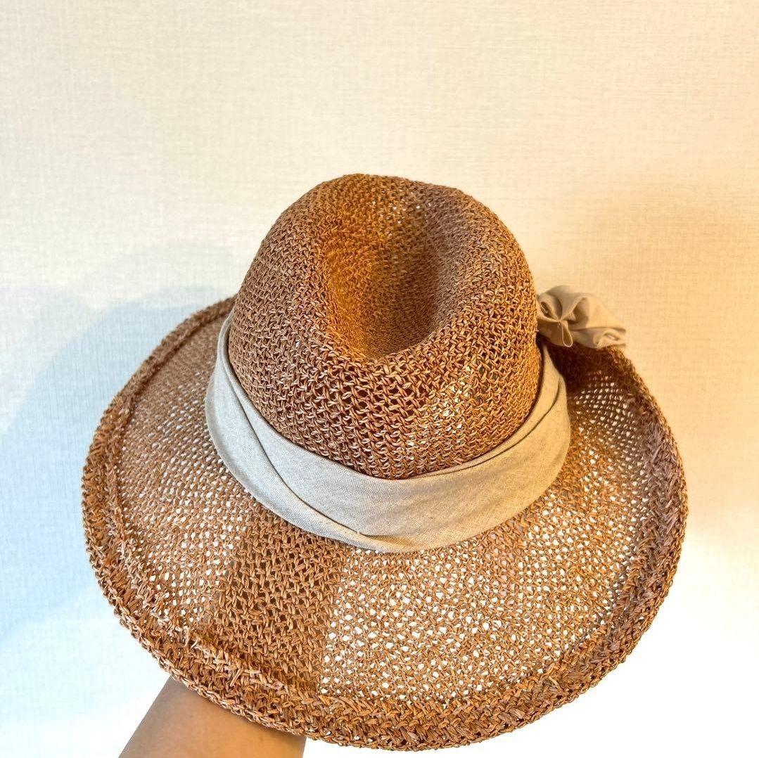 【美品】CA4LA カシラ　リボン付きブラウン　麦わら帽子 ベージュ　麻　リネン