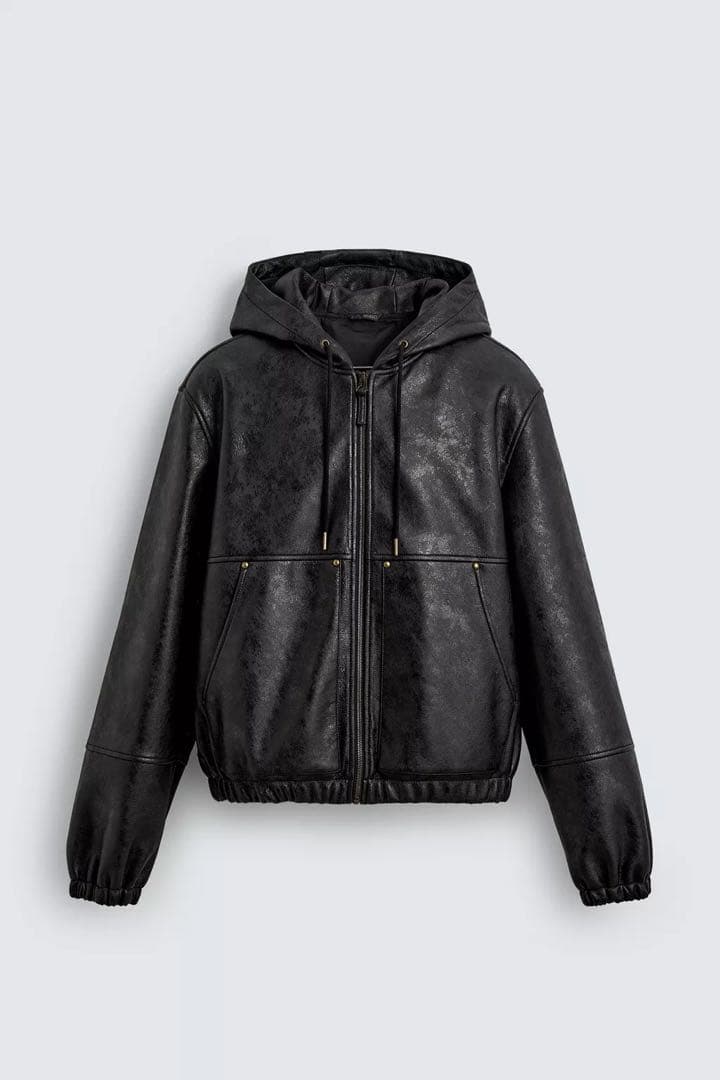 ZARA フェイクレザー フーデッドジャケット
