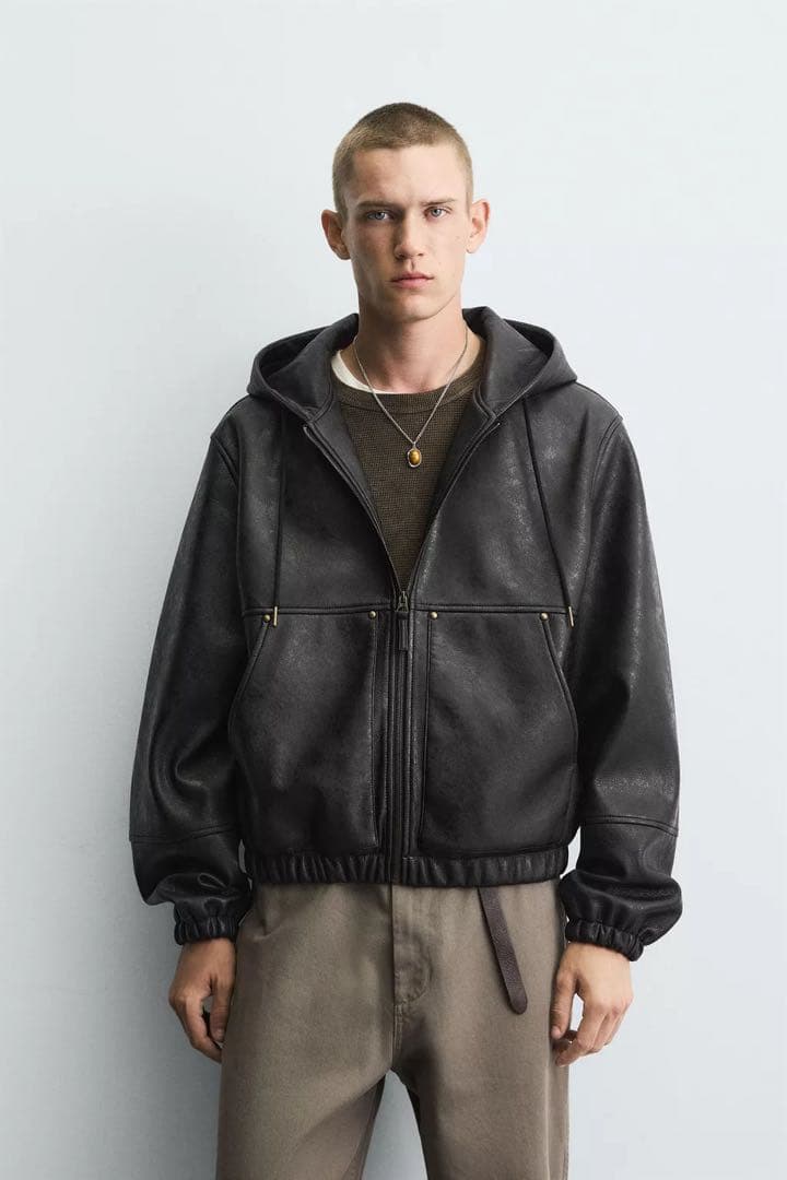ZARA フェイクレザー フーデッドジャケット
