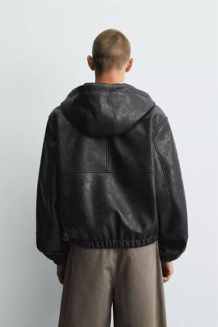 ZARA フェイクレザー フーデッドジャケット