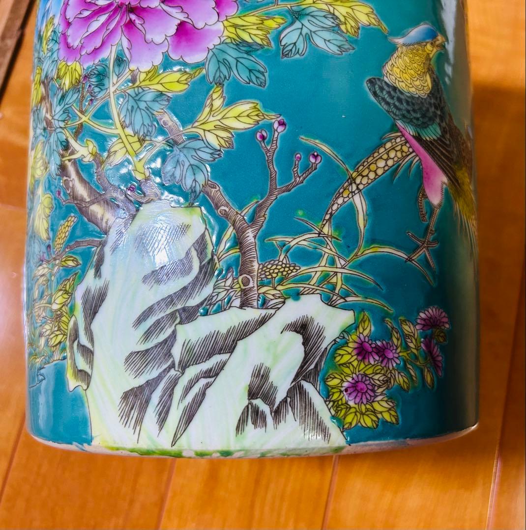 中国古美術/清時代大雅斋緑釉花鳥花卉文筆入【永慶長春】在銘
