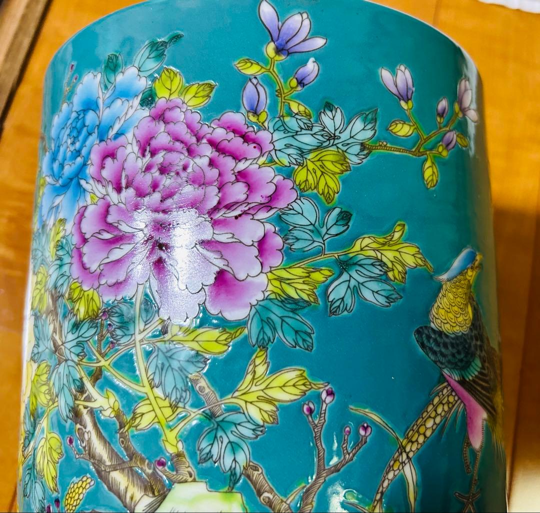 中国古美術/清時代大雅斋緑釉花鳥花卉文筆入【永慶長春】在銘