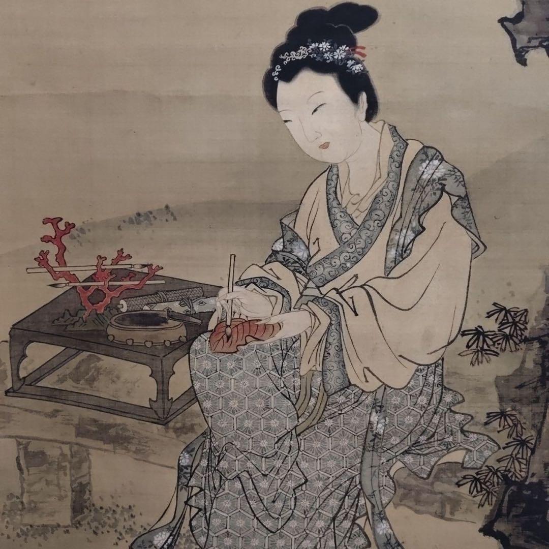 唐寅 仕女図 掛軸 絹本 中堂 インテリア 和室 186×70cm