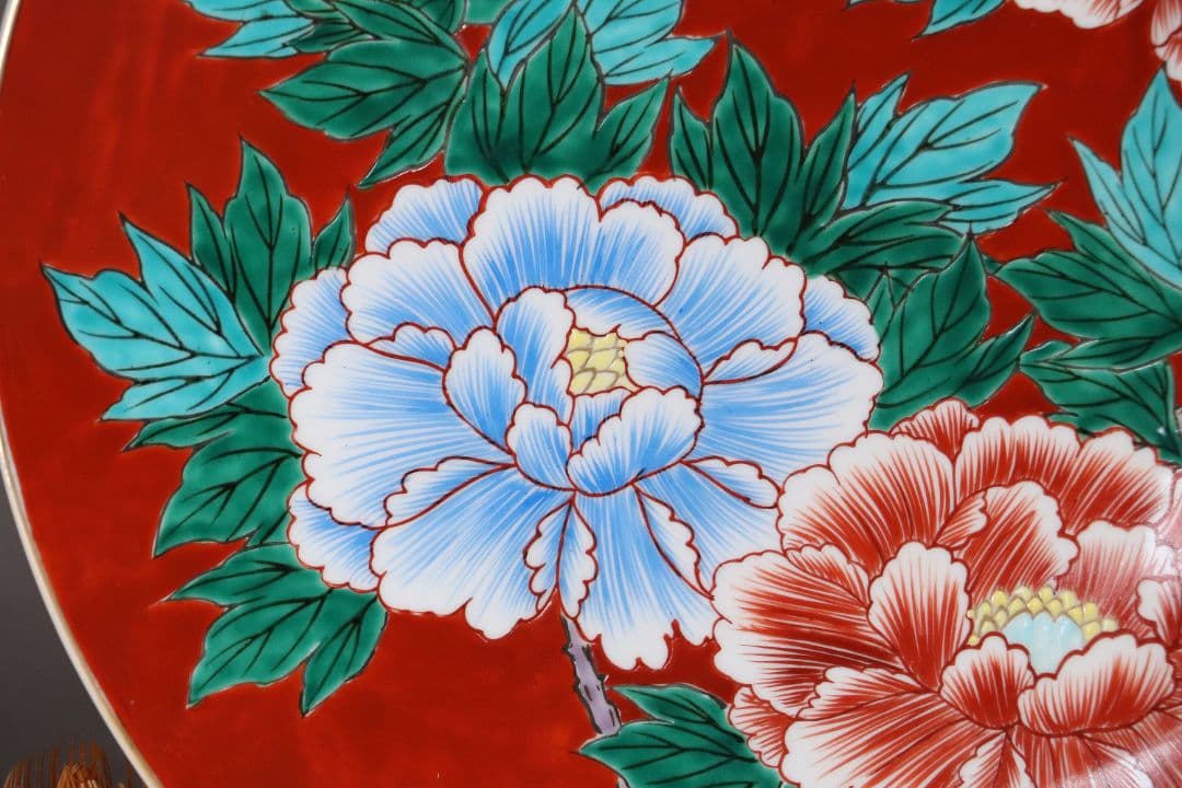 有田焼 鍋島定山作 牡丹図 色絵大皿 40.6cm 飾り皿 赤絵 MA406