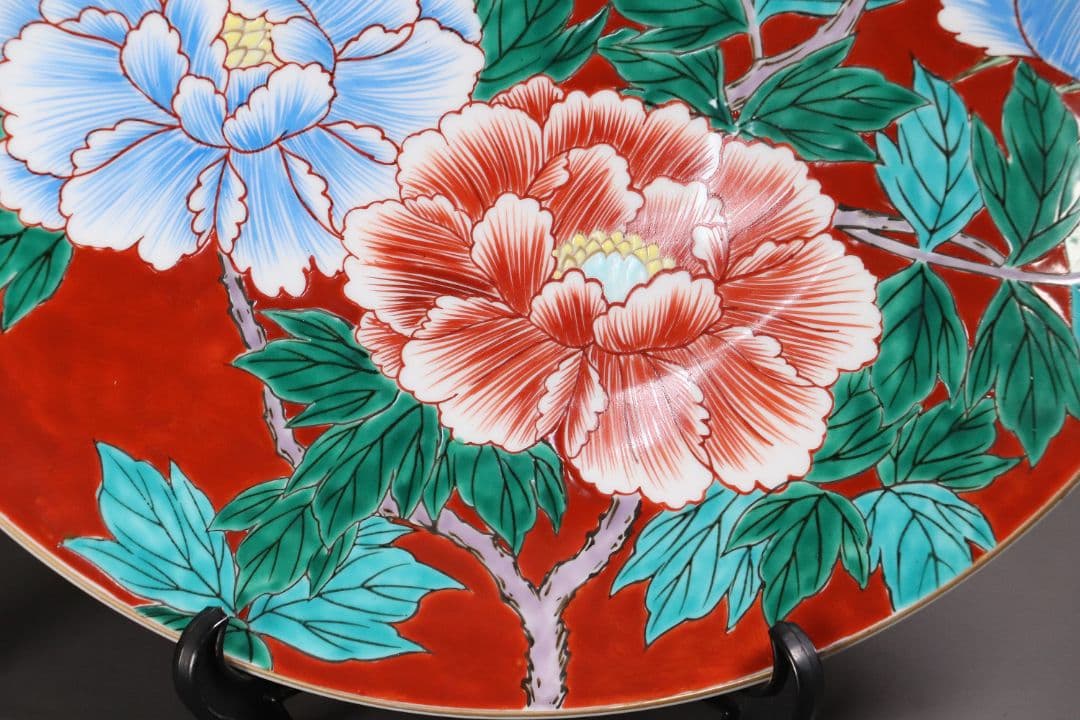 有田焼 鍋島定山作 牡丹図 色絵大皿 40.6cm 飾り皿 赤絵 MA406