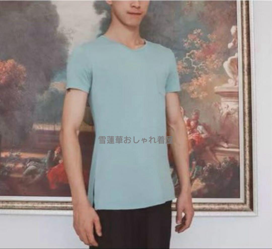 メンズ用ダンス服　ラテンダンストップス　メンズTシャツ　両脇スリット　ポケット