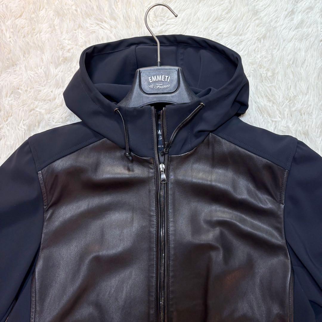 美品 エンメティ レザー 切替 パーカー 48