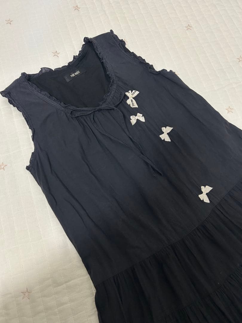 ピンクハウス　綿ローン　ワンピース　二枚仕立て　灰黒　リボン刺繍　ノースリーブ