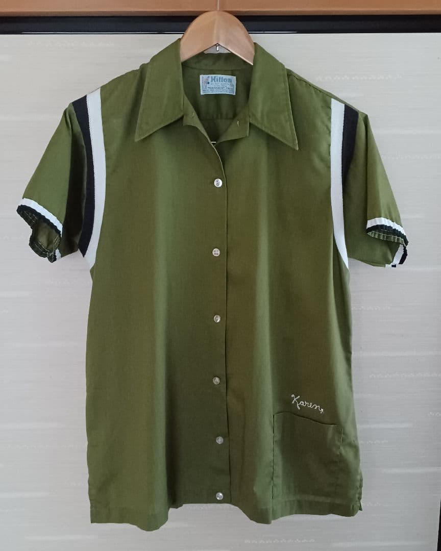 ★vtg 70s Hilton ボウリングシャツ オリーブグリーン 38★