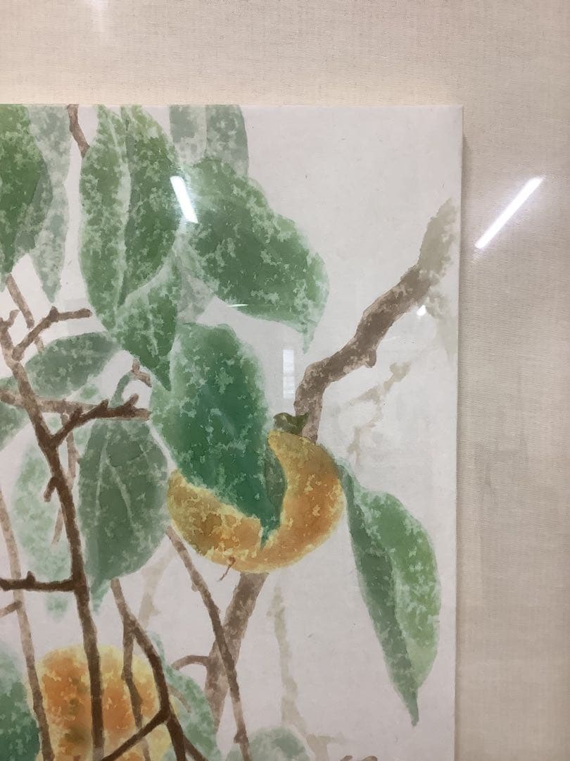 韓国製？ 大きいサイズの枝付き柿の絵画 幅約95cm 水彩画