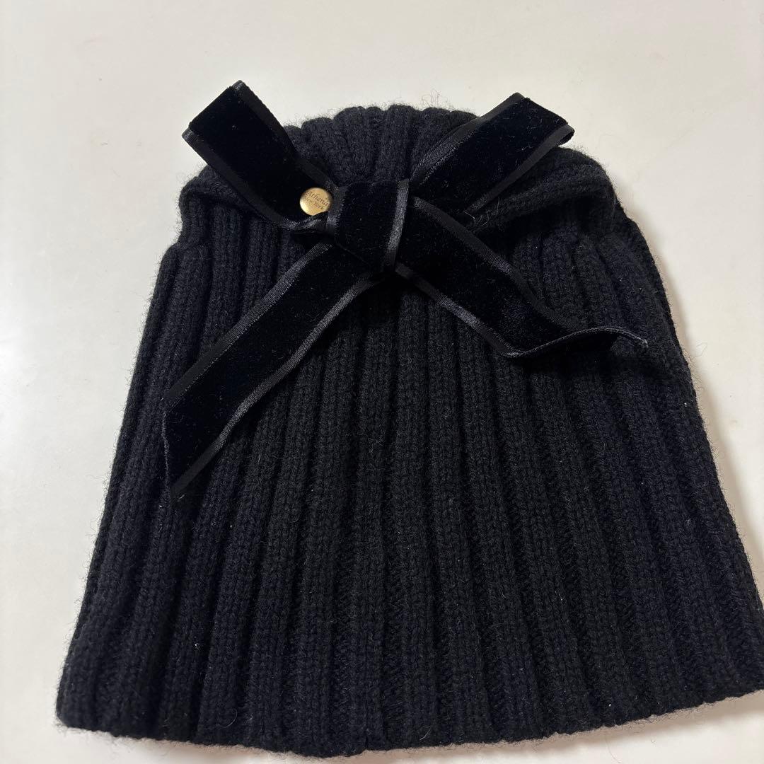 Athena New York　リブ編みニット帽 ベルベットリボン付き