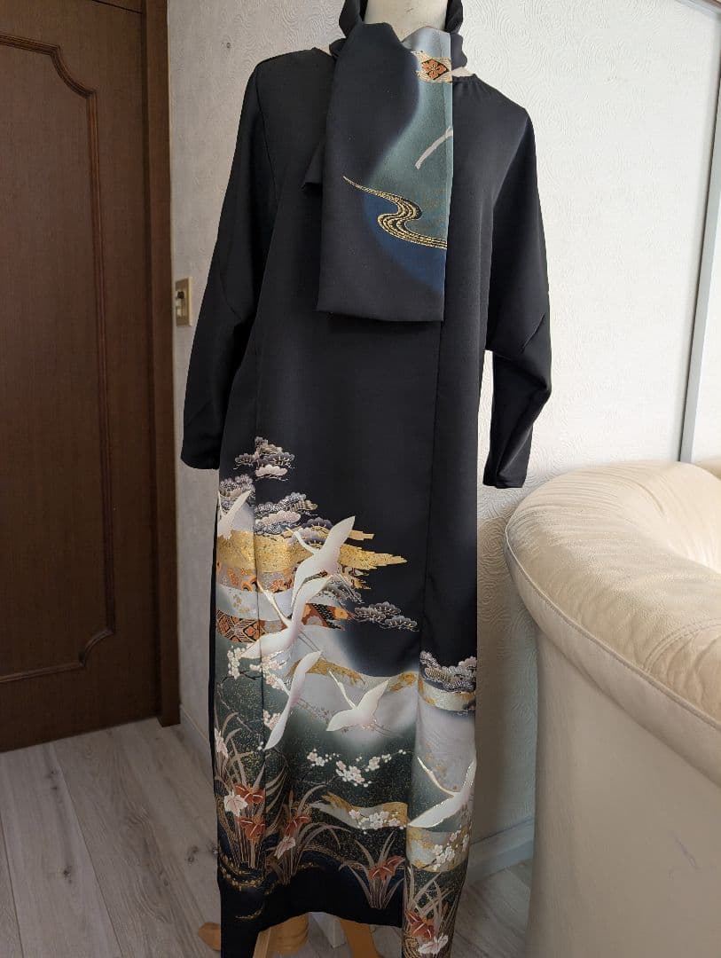 最終値下留袖ドレス和服リメイクワンピース絹高級手描友禅金銀箔МＬ結婚式卒業式宮参