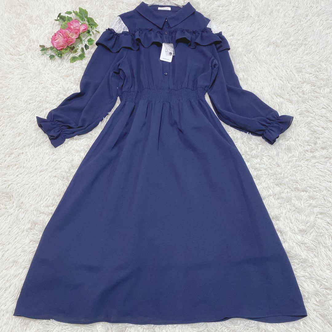 【3L】新品タグ付きRe-J & SUPURE ロングワンピース ネイビー