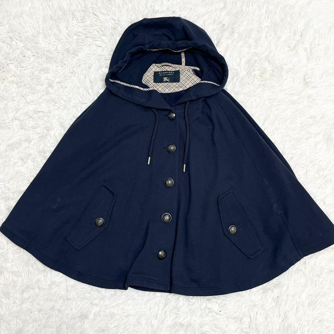 バーバリーブルーレーベル ポンチョ ケープ ノバチェック フード ネイビー