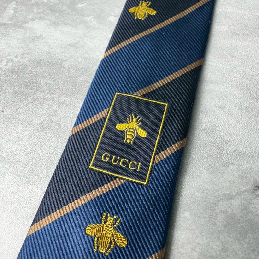 美品 GUCCI ジャガード マーモント BEE 蛇 ストライプ ネクタイ 紺青