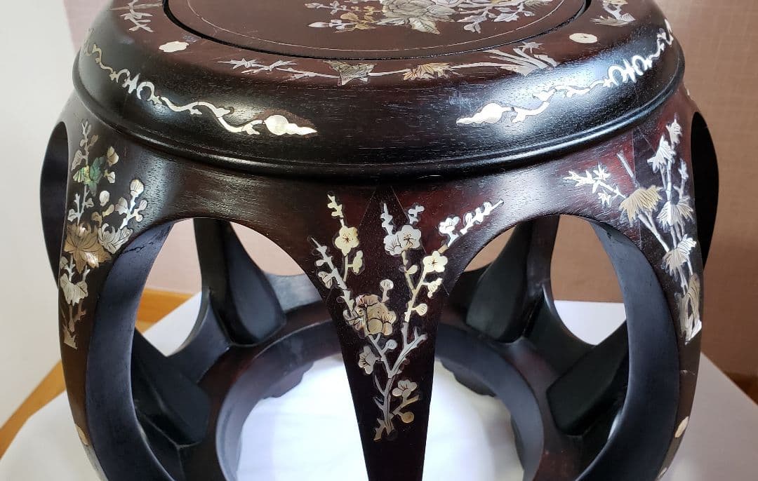 螺鈿 丸椅子 スツール 腰掛け 中国美術 工芸品 唐木 2客