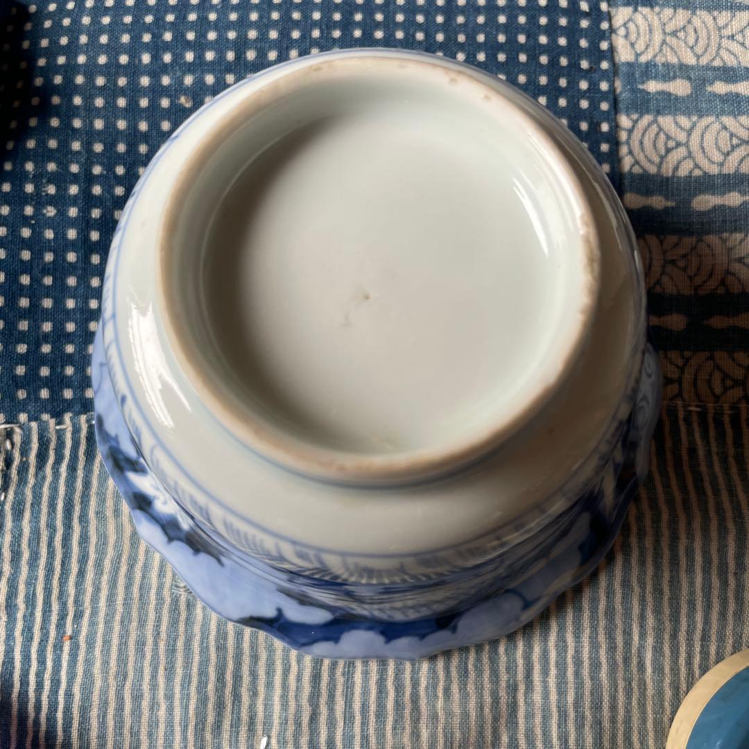 古伊万里 染付 雲鶴文 輪花小鉢完品