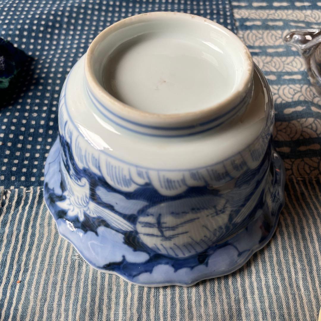 古伊万里 染付 雲鶴文 輪花小鉢完品