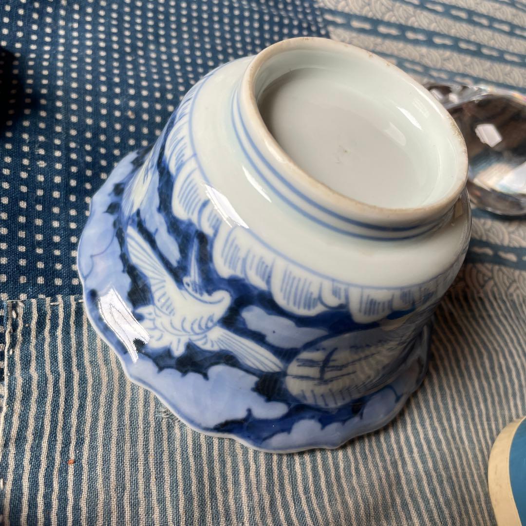 古伊万里 染付 雲鶴文 輪花小鉢完品