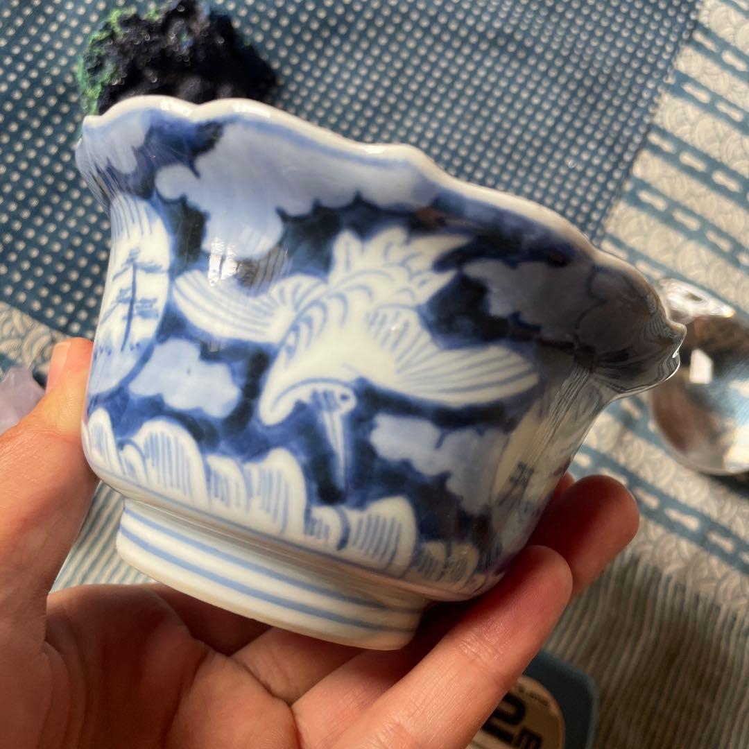 古伊万里 染付 雲鶴文 輪花小鉢完品
